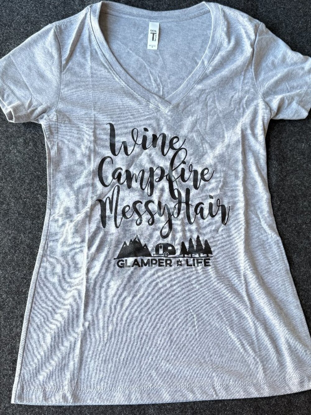 Camping Tee Wine Campfire Messy Hair V Neck SMALL